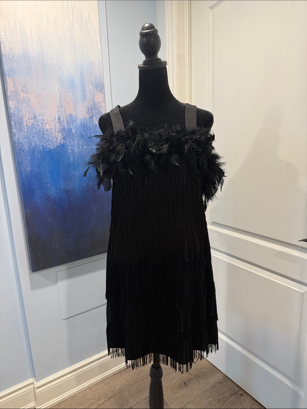 Black Feather-Trim Fringe Mini Dress